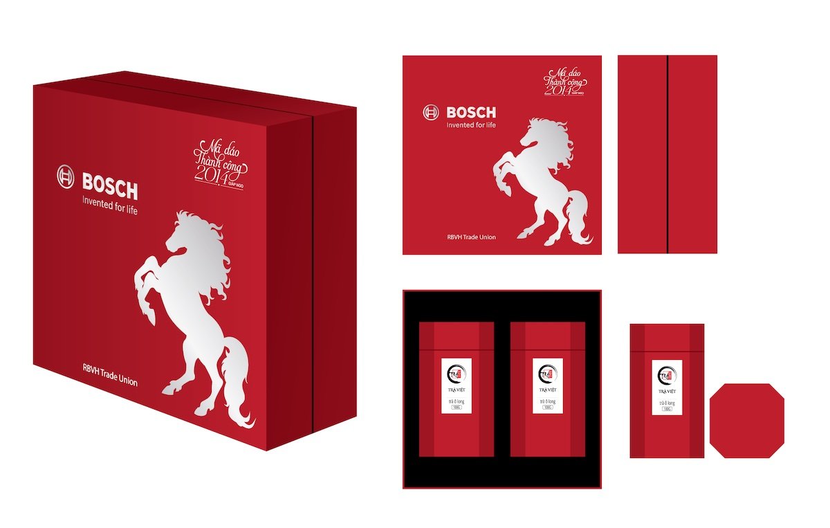 Mẫu hộp quà tết in logo Bosch của Trà Việt 